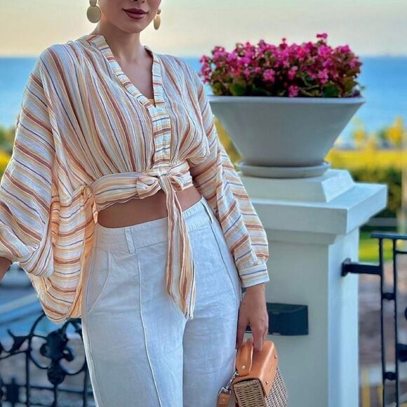 By ANTHROPOLOGIE Women’s Tie-Front Boho Blouse in the Size XXSP in Striped Print - Picture 11 of 15